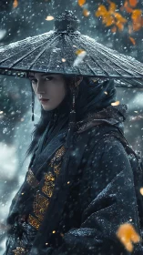 Digital painting portrait of lone winter warrior in snowfall.