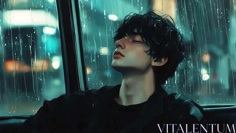 Young man in car by rainy window under city night lights.