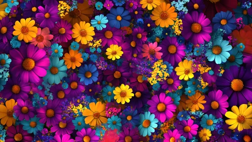 Vibrant Floral Explosion Digital Composition. Multicolored Blooms.