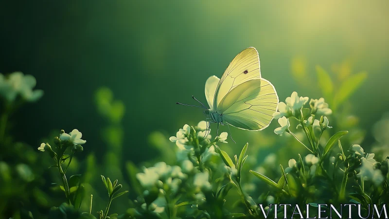 Backlit pale butterfly on dewy wildflowers in soft bokeh field
