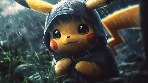 Cozy hooded Pikachu waits in the rain with a gentle smile