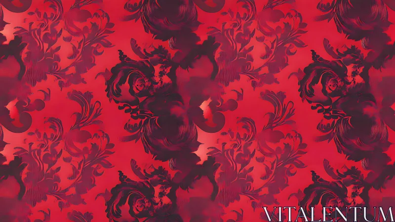 Red damask pattern shows dark floral swirls in repeat layout