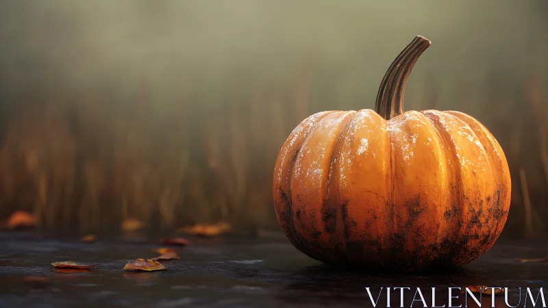 Golden pumpkin rests on misty autumn ground at sunrise