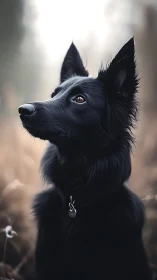 Midnight-coated dog gazes into misty autumn light.