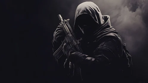 Hooded tactical soldier holding rifle in dark fog scene.