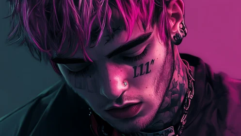 Neon portrait with pink hair, tattoos, moody side lighting.