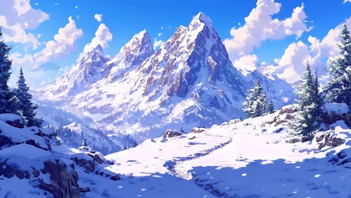 Snow trail leading toward high sunlit mountain range.