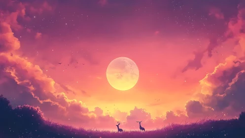 Deer stand in grass below large moon and glowing sunset sky