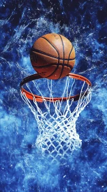 Dynamic basketball shot suspended over abstract blue court.
