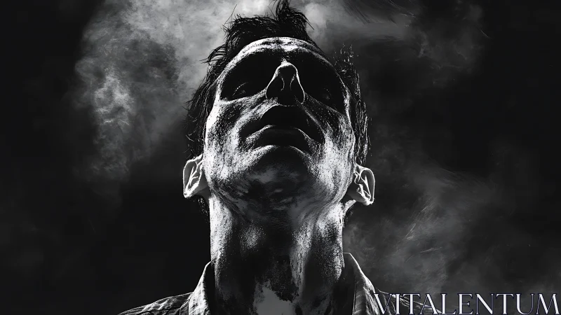 High-contrast upward portrait with particulate shadow mapping.