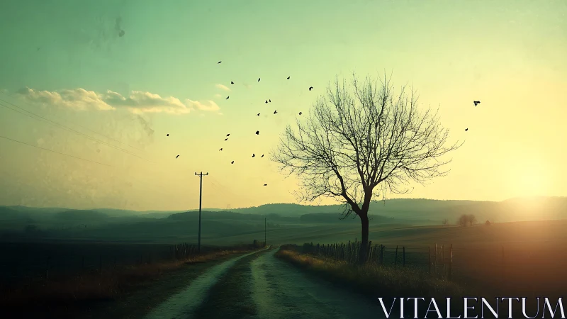 Photorealistic rural roadscape with silhouetted winter tree at dawn.