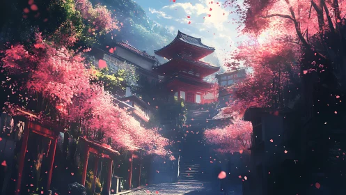 Cherry blossom temple stairs glow under soft morning light.