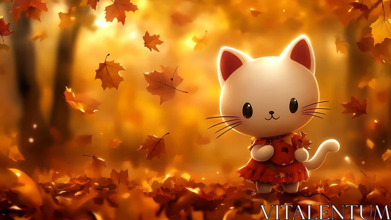 Sweet autumn kitten enjoys swirling golden maple leaves