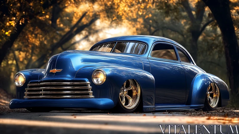 Glossy blue classic cruiser glows in golden forest light.
