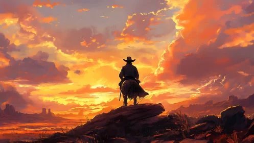 Lone cowboy on horseback against vivid desert sunset sky.