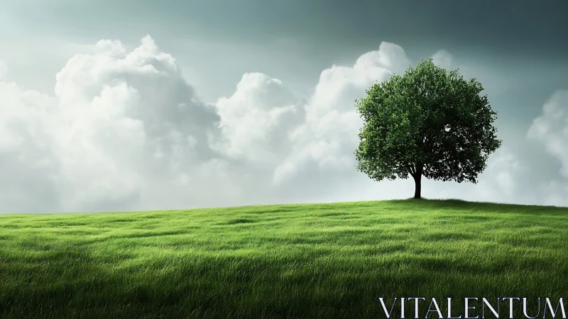 Lone Tree on Lush Green Hill Under Dramatic Cloudy Sky, Realistic Art.