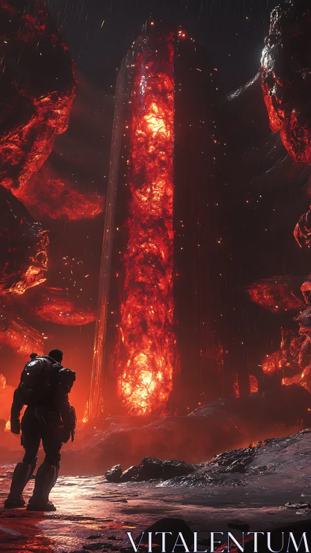 Armored explorer confronts towering molten monolith in storm