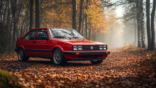 Red classic Volkswagen coupe on misty autumn forest track
