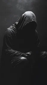 Shrouded figure in hooded cloak under dramatic low light.
