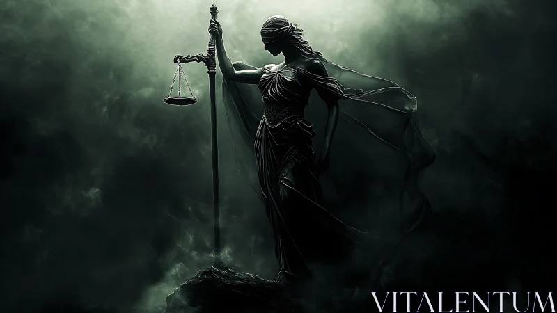 Blind justice strides through storm-darkened judgment clouds