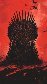 Blood-red throne of blades rises beneath circling crows.