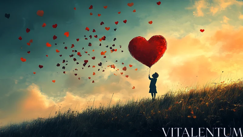 Child Holding Heart Balloon at Sunset.