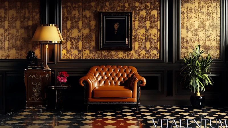 Luxurious tufted leather loveseat in baroque lounge interior