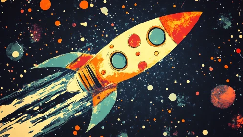 Retro-styled rocket illustration accelerates through stylized space