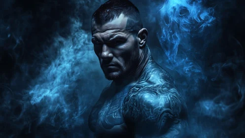 Cinematic blue-lit portrait of tattooed fighter in smoke.