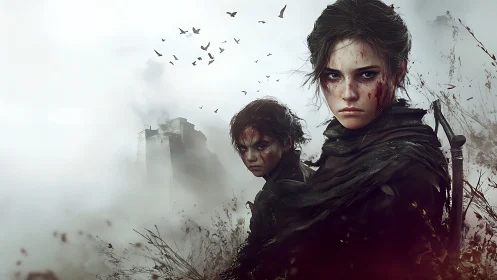 War-torn siblings stand defiant in a mist-shrouded wasteland