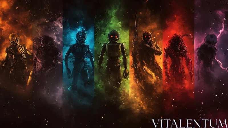 Cosmic guardians of shadow and light stand in spectral rows.