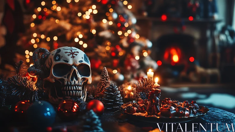 Skull centerpiece with Christmas tree and fireplace in background.