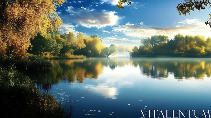 Autumnal lakeside reflection with high dynamic range light rendering.