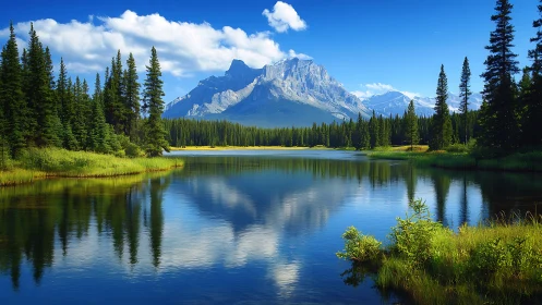 Mountain lake with conifer forest and clear sky reflection.