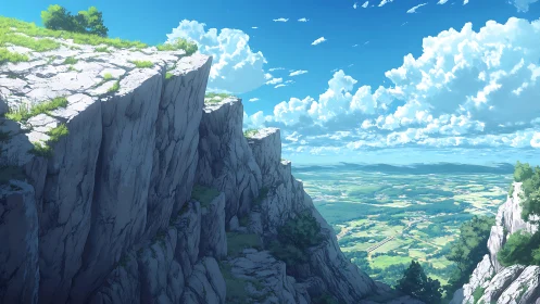 Rocky cliff escarpment above extensive rural plains.