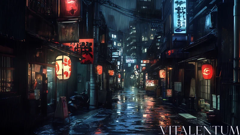 Rain-soaked neon alleyway with glowing Japanese lanterns.