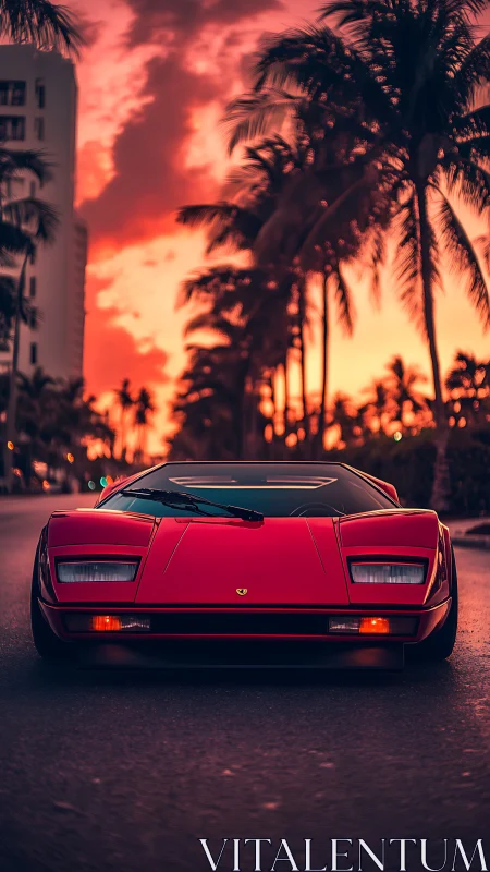 Red supercar glows beneath neon sunset over palm boulevard.