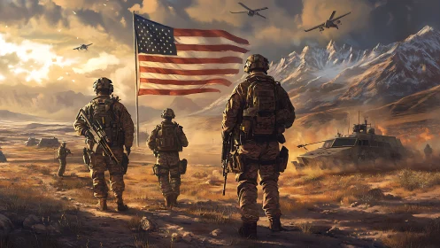 US soldiers advance under flag across rugged battlefield.