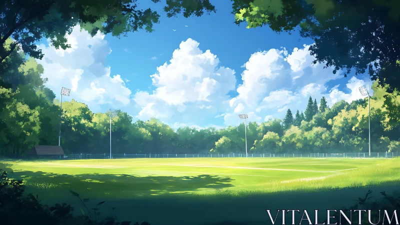 Summer field under friendly skies and a quiet green border.