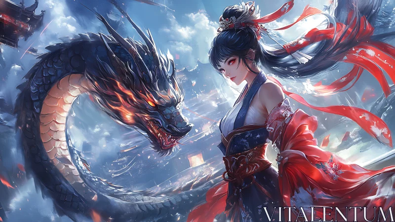 Stormbound dragon and crimson priestess in burning sky duel.