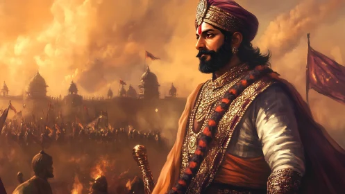 Warrior king stands before fortress as army advances