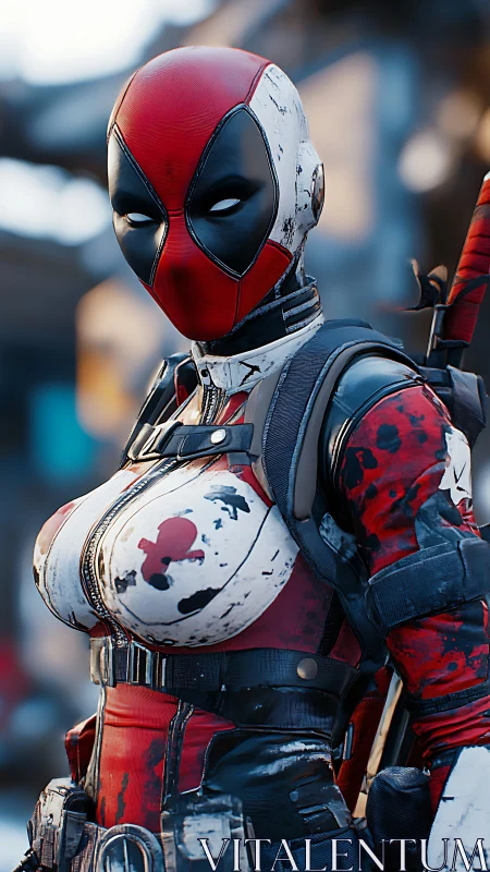 Masked armored character stands in urban outdoor environment