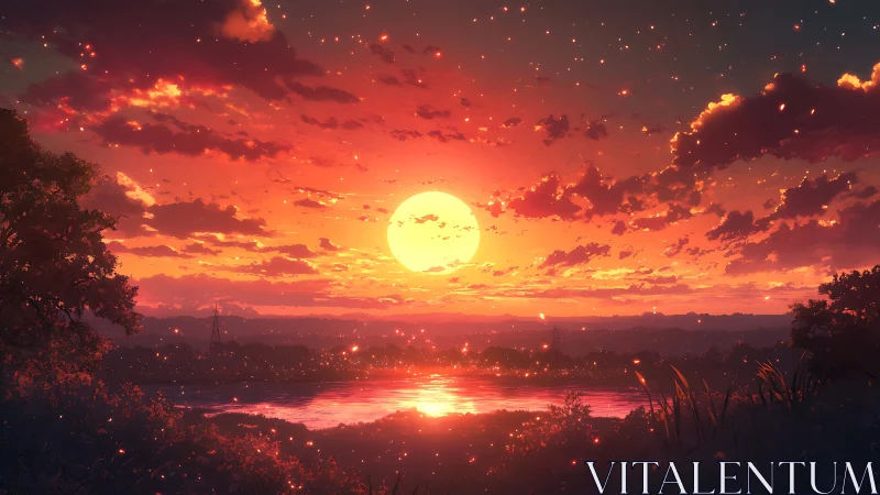 Digital landscape depicts low sun over reflective river surface