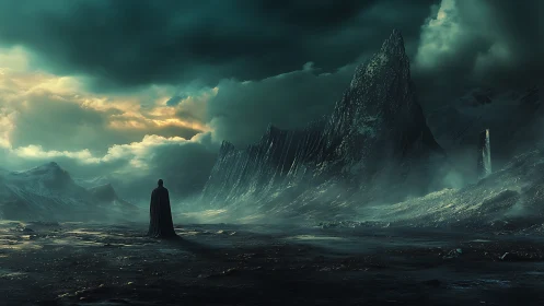 Solitary cloaked figure in vast stormy mountain landscape.