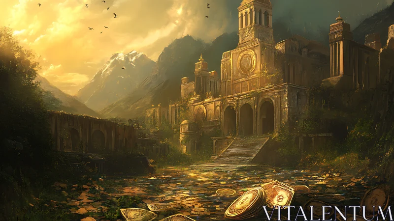Sunlit ruined citadel overlooks a valley of scattered coins.
