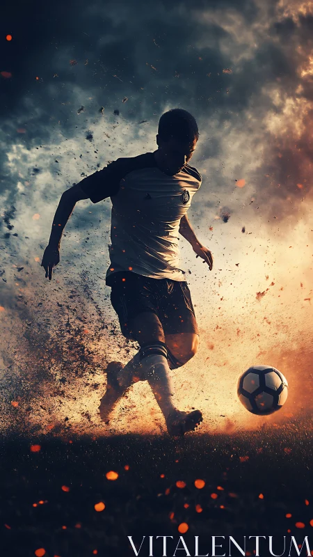 Silhouetted soccer player charges forward through fiery dusk