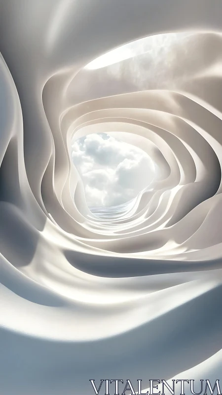 Parametric white tunnel frames diffused skyward cloud aperture