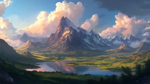 Majestic alpine range over reflective river valley at dusk.