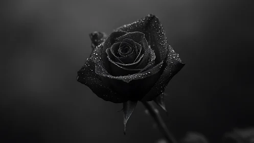 High-contrast monochrome macro of dew-covered black rose