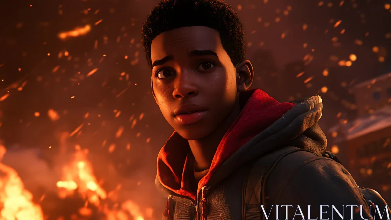 Flickering embers frame a brave young hero in warm light